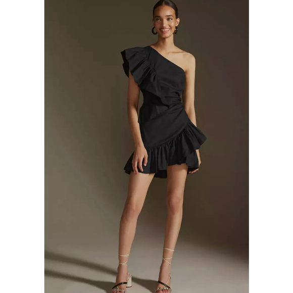 New Anthropologie Maeve Black Ruffled One-Shoulder Mini Dress $170 SIZE 2 US - Picture 1 of 15